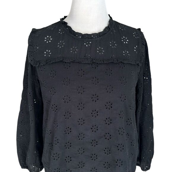 J. Crew High Neck Eyelet Cotton Blouse Lined Ruffled Neckline Elastic Sleeves M - Picture 3 of 12